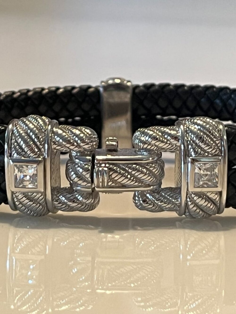 Judith Ripka Sterling Silver Rhinestone Braided Leather Bracelet